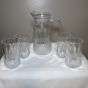 Anchor Hocking Lemonade Pitcher & 4 Tumblers Vintage Heavy Pressed Glass Set